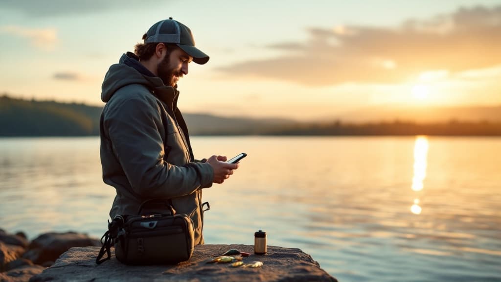 Angler using CatchCraft Planner at sunset on a lake