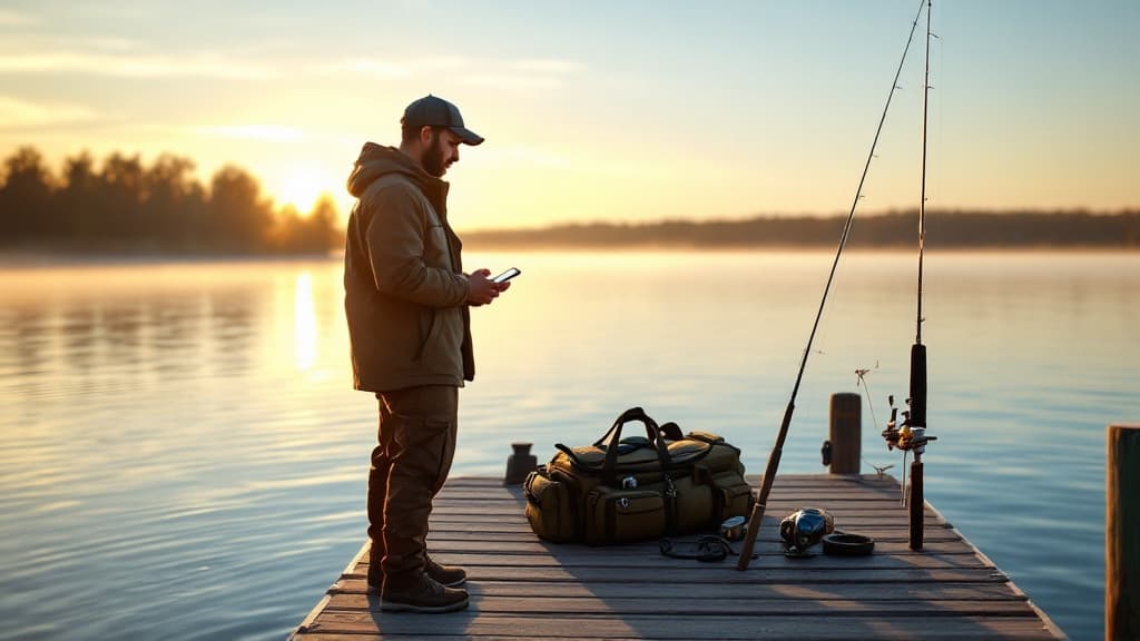 Angler on a dock checking CatchCraft Planner on their phone